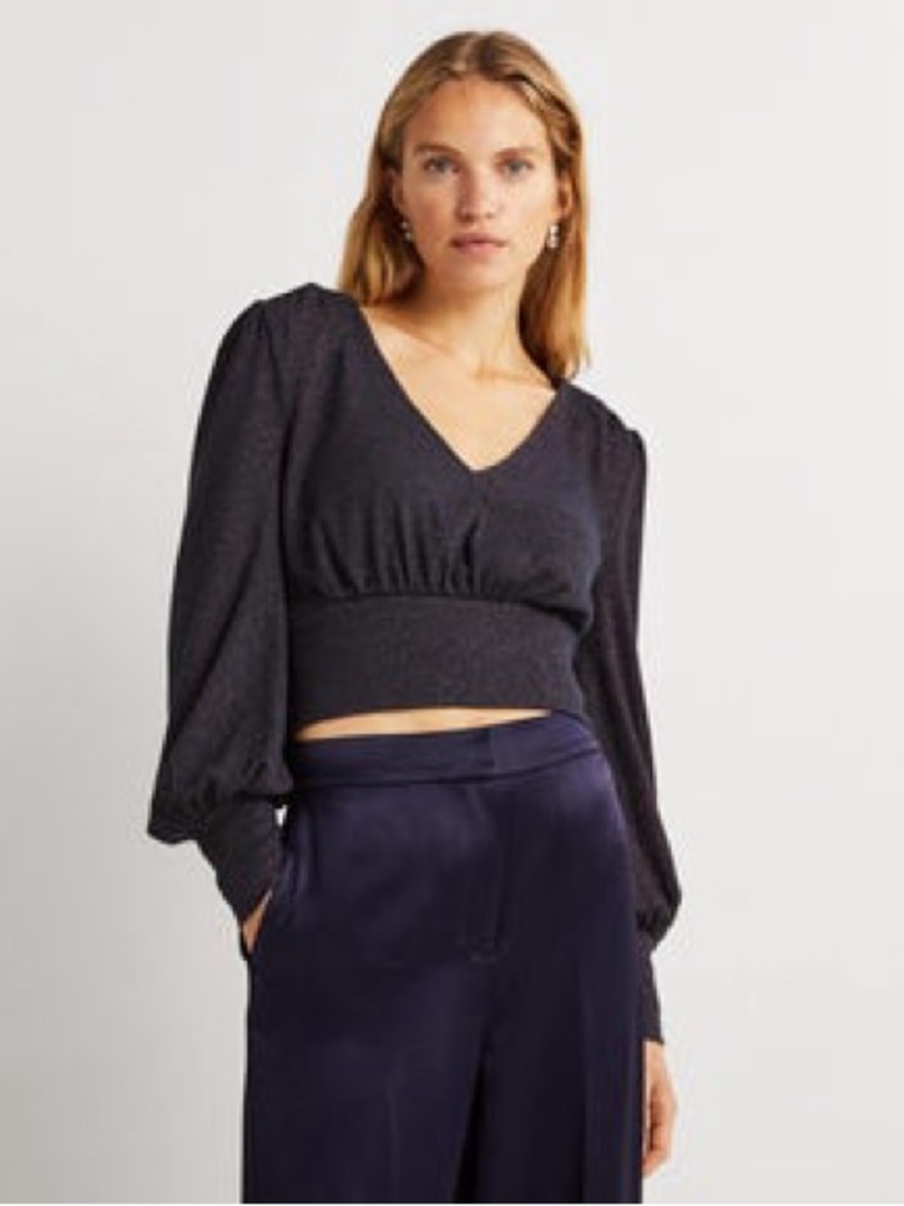 Boden Navy Metallic-Thread V-Neck Long Sleeve Cropped Blousen Top Medium NWT